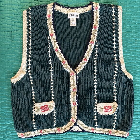 Erika Sweaters - Vintage Erika Floral Embroidered Vest Women L Green Roses Cotton Cottagecore 90s